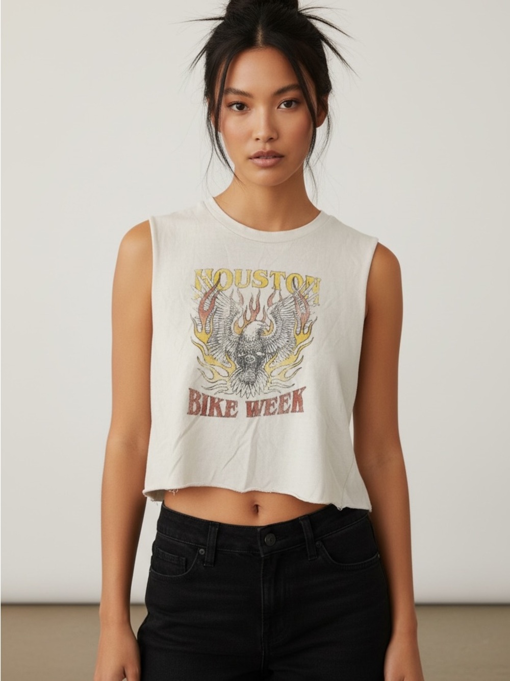 Vintage-Inspired White Muscle Tank Top - Houston Bike Week Graphic